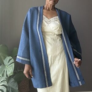 Vintage Weaving By Leonora Open Front Poncho Shawl Wool Blue White Boho Indie